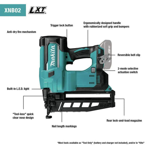 Cordless 18V LXT 16 Gauge Straight Finish Nailer with ergonomic handle, teal color, showcasing features and design.