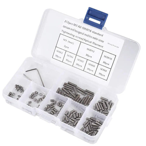 Heavy Duty M3 Captive Screws 212 Piece Hardware Kit 304 Stainless Steel Fasteners With Storage Box organized in compartments.