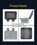 Tough As Nails IP66 Weatherproof Wall Power Socket Featuring Dual 15 Amp Outlets, front, side, back, and internal views displayed.