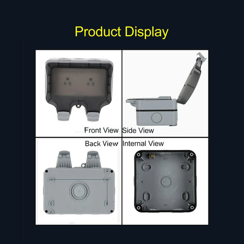 Tough As Nails IP66 Weatherproof Outdoor Electrical Outlet Box Featuring Dual 15A Power Sockets And Rainproof Seal views showing front, side, back, and internal designs.