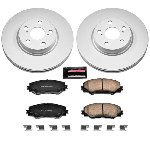 PowerStop front brake kit, front view: two fully-coated rotors and four Z17 ceramic pads (CRK4669) with clips.