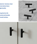 12 Pack Black Cabinet Knobs for Drawers and Cabinets, 2 Inch Single Hole, Includes 1 Inch and 1.77 Inch Mounting Screws, Easy Install, Individually Wrapped, Durable Modern Hardware for Quick Update, matte black stainless steel T-bar knobs on cabinet doors