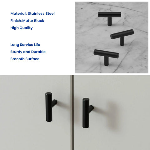 12 Pack Black Cabinet Knobs for Drawers and Cabinets, 2 Inch Single Hole, Includes 1 Inch and 1.77 Inch Mounting Screws, Easy Install, Individually Wrapped, Durable Modern Hardware for Quick Update, matte black stainless steel T-bar knobs on cabinet doors