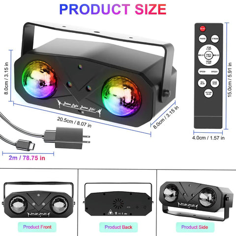 Sound Activated Disco Light Projector With Remote Control For Parties Bar Karaoke KTV Xmas Christmas Halloween Dance Floors And Home Entertainment For Party Scenes And Venues, showing remote and dimensions