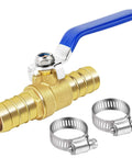 Hose Barb Ball Valve Kit Five Eighths Inch Shut Off Valve With Stainless Steel Clamps for water, oil, gas, and fuel line fittings