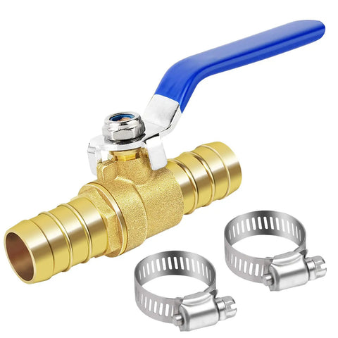 Hose Barb Ball Valve Kit Five Eighths Inch Shut Off Valve With Stainless Steel Clamps for water, oil, gas, and fuel line fittings