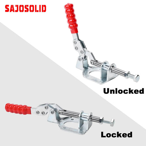 4 Pack 302F Push Pull Toggle Clamps 300 Lb Holding Capacity Heavy Duty Galvanized Steel compact clamp in locked and unlocked positions.