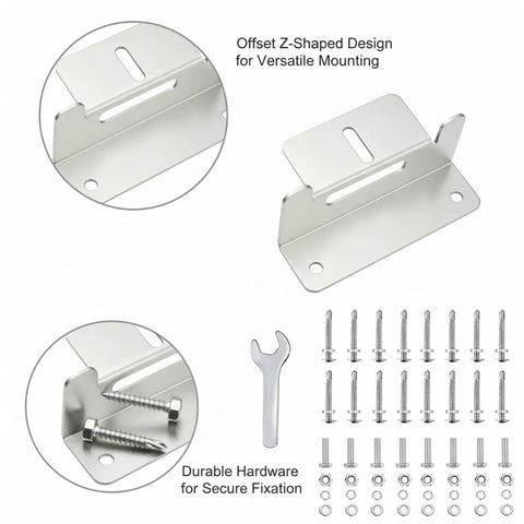 Offset Z Shaped Mounting Kit In Aluminum Alloy For RV And Marine Solar Panels, 8 Pack Hardware Set With Wrench shown