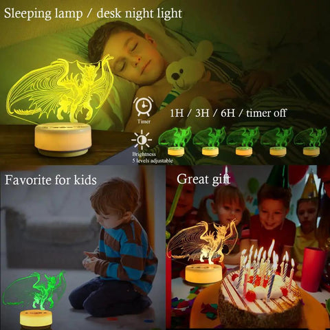 Dragon Night Light For Kids And Adults With 14 Color Options And Remote shown in bedroom and party settings