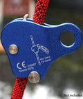 Beefy Aluminum Climbing Rope Grab Self Locking Safety Ascender, blue, attached to a red rope, for 8-13mm ropes, 100kg capacity