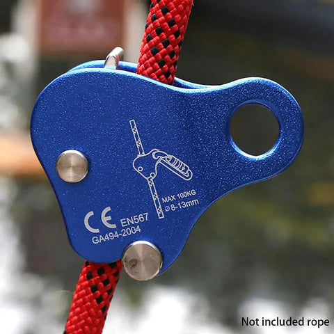 Beefy Aluminum Climbing Rope Grab Self Locking Safety Ascender, blue, attached to a red rope, for 8-13mm ropes, 100kg capacity