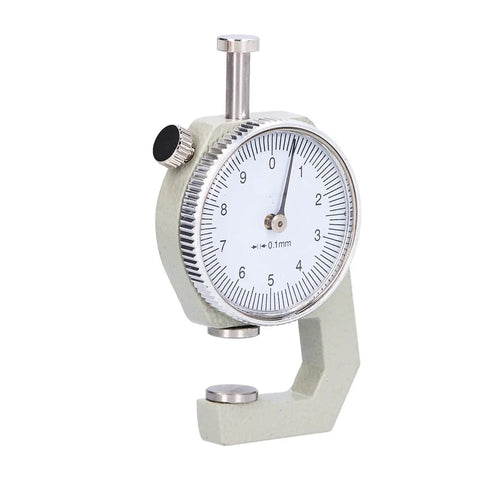 Round Dial Thickness Gauge 0 To 10mm With 0.01mm Resolution, Portable Spring Loaded Tester, close-up of dial face with measurement markings.