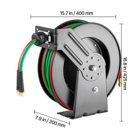 Auto-Rewind Welding Hose Reel For 1/4-Inch X 50-Foot Twin Oxygen Acetylene Rubber Hose Up To 300 PSI T Grade with dimensions