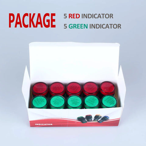10 Pack LED Indicator Lights 22mm Panel Mount 0.87 Inch Hole 24V AC DC 20mA Energy Saving Green Red Set in box