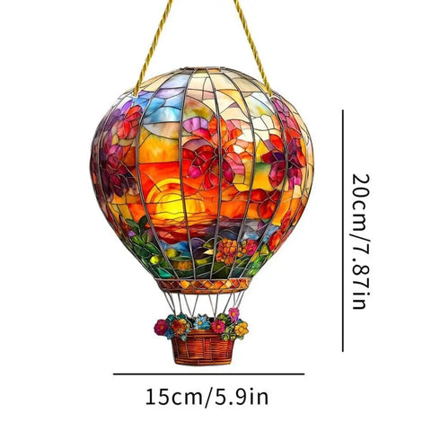 Colorful stained glass hot air balloon sun catcher with dimensions 15cm x 20cm, vibrant floral design hanging decor.