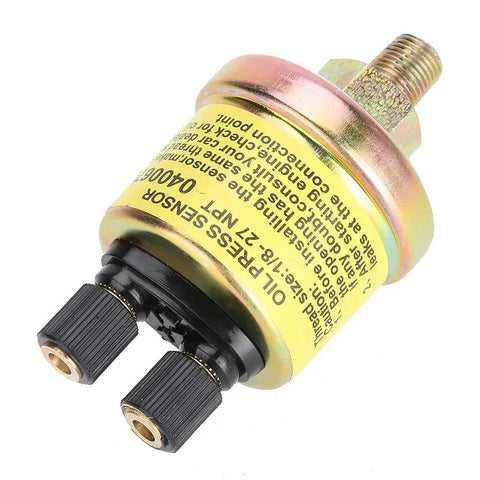 Universal Replacement Engine Oil Pressure Sensor Fits Aftermarket Gauges Slick 1/8 Npt Dual End Design top view with gold and black housing.