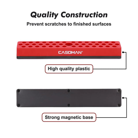 Red One Quarter Inch Hex Bit Organizer With Magnetic Base And Rubber Pad Toolbox Essential 43 Hole Bit Holder, plastic construction, magnetic bottom shown.