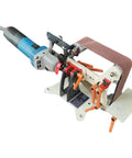 Heavy Duty Belt Sander Frame 730 X 50 Mm Adapter For Angle Grinder Retrofit Desktop Grinding Tool shown with angle grinder attached.