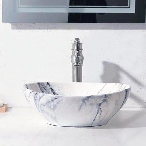 16 Inch Vessel Sink With Faucet For Bathroom Above Counter Marble Coated Porcelain Ceramic Oval Vanity Sink Modern Go To Lux Style With Pop Up Drain And Easy Install Fits 1 5 8 Inch To 1 3 4 Inch Drains, marble pattern