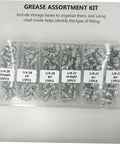 Transparent storage box with assorted grease fittings, labeled with sizes, part of the Beefed Up Hydraulic Grease Fitting Kit With 260 Pcs Metric And Imperial Nozzles Durable Industrial Grade Components Storage Box Includes 90 Degree 45 Degree And Straight Fittings Perfect For Auto Repair And Heavy Duty Maintenance.