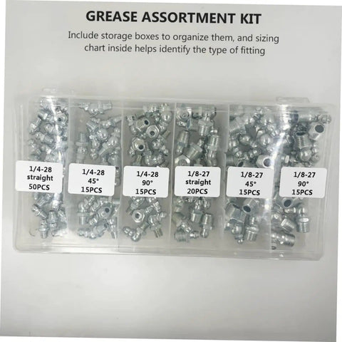 Transparent storage box with assorted grease fittings, labeled with sizes, part of the Beefed Up Hydraulic Grease Fitting Kit With 260 Pcs Metric And Imperial Nozzles Durable Industrial Grade Components Storage Box Includes 90 Degree 45 Degree And Straight Fittings Perfect For Auto Repair And Heavy Duty Maintenance.