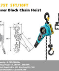 Manual Lever Chain Hoist 3/4 Ton Capacity, 5 Ft Ratchet Chain Puller with G80 Chain and Heavy Duty Hooks, Blue Finish