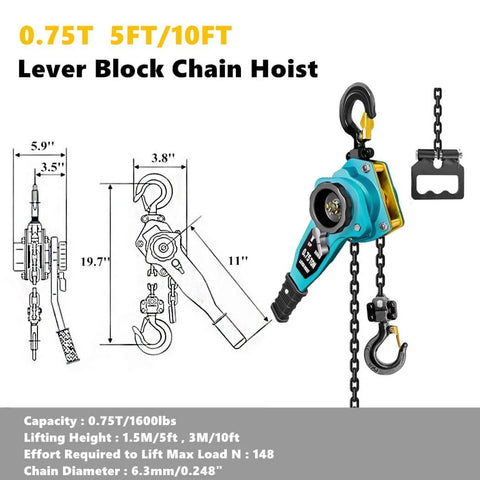 Manual Lever Chain Hoist 3/4 Ton Capacity, 5 Ft Ratchet Chain Puller with G80 Chain and Heavy Duty Hooks, Blue Finish
