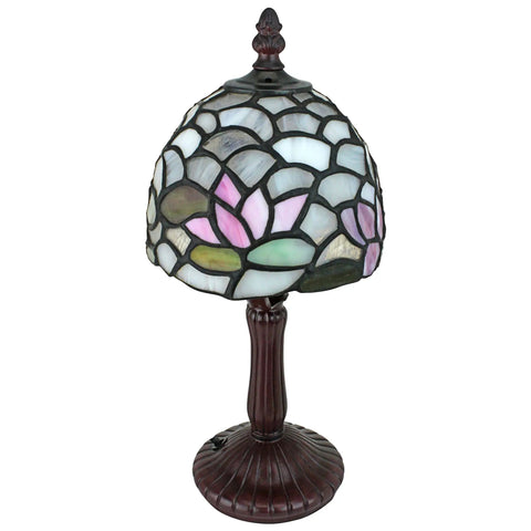Lotus of Monet's Garden Petite Tiffany Style Table Lamp 12 Inch Full Color Glass Shade with Pale Blue Green Pink Glow Impressionist Water Lily Decor