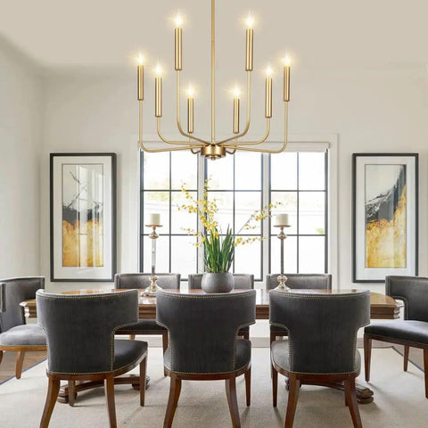Gold 8 Light Farmhouse Chandelier With Modern Brass Candle Design for Dining Room, adjustable height 40-90 inches, diameter 26 inches