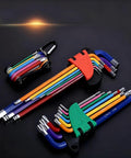 Nine Piece Hex Key Allen Wrench Set For Home DIY Auto And Bike Repairs With Various Inch Sizes Including One Sixteenth, Three Sixteenths, Five Sixteenths, And Three Eighths Inch Chrome Vanadium Steel Matte Black Finish Hex Tools in assorted colors on black background