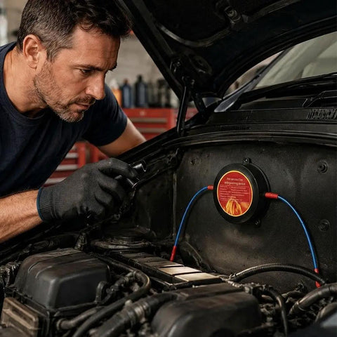 Top Tier Automatic Aerosol Fire Extinguisher Sticker With Super Easy Peel And Stick Mounting For Car Engine Bays EV Battery Cabinets And Electrical Panels Serving Hella Reliable Five Second Flame Shutdown And Totally Maintenance Free Shield That Quickly installed in a car engine bay with a technician inspecting it.