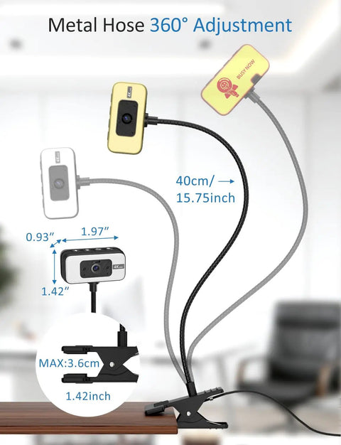 Super Sharp 4K Streaming Webcam With Auto Focus And Soft Key Light For Pc Laptop Desk Setup shown with 360-degree flexible hose and clip.