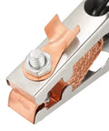 Close-up of Solid US Style 500A Ground Clamp Welding Earth Clip With High Conductivity Copper Build and Electroplated Finish.