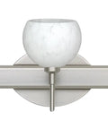 Contemporary Three Light Wall Sconce With Smooth Satin Nickel Base And Stunning Carrera Glass Orb, 22 inches wide, ideal for bathroom