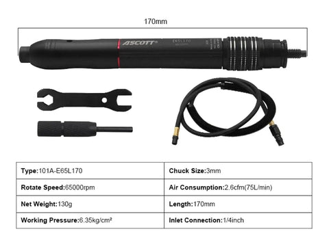 Mini Pneumatic Die Grinder Kit High Speed Adjustable Air Polishing Pen For Engraving And Detail Work Ergonomic parts and accessories laid out