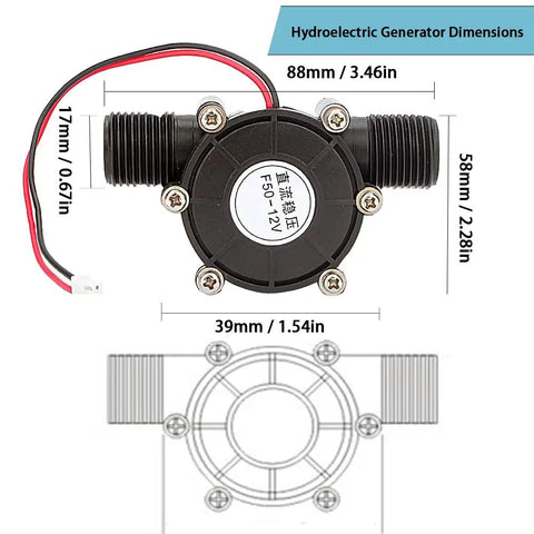 Micro Hydroturbine Water Turbine Generator for DC 12V Power with detailed dimensions shown in diagram.