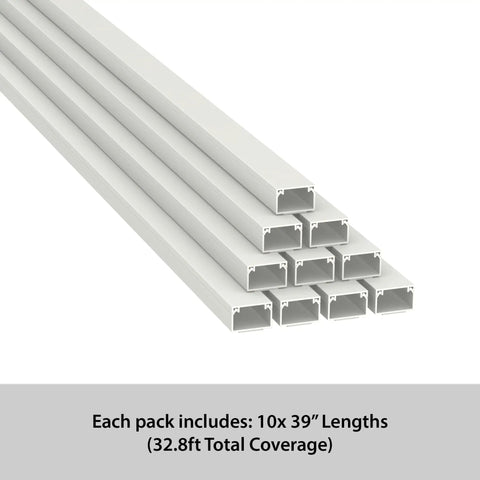 Pack of 10 white self-adhesive cable raceways for wall wires, 39-inch segments, PVC material. Self-Adhesive Cable Raceway For Wall Wires Keep Your Cords Tucked - Paintable Cord Cover, 1 Inch Wide By 0.63 Inch High, 39 Inch Segments, 32.8 Feet Total Coverage, White, Easy Cable Management.