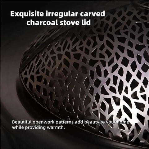 Smokeless Fire Pit For Indoor And Outdoor Use, small cast iron heater lid, premium wrought iron build, intricate carved design