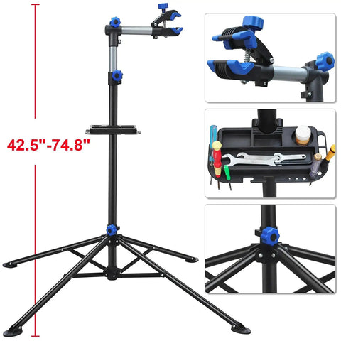 Beast Bicycle Repair Stand With Telescopic Arm Adjustable Height From Fifty Two To Seventy Five Inches 360 Degree Clamp Rotation Heavy Duty Sixty Six Pound Load Fits One To One Point Eight Inch Bike Frames Iron Construction, side view with tool tray.
