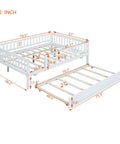 Full-Size Wood Daybed With Trundle And Fence Guardrails In White Finish, dimensions shown for bed and rollout trundle
