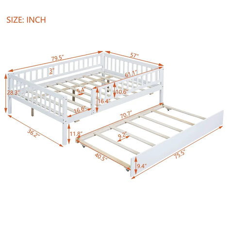 Full-Size Wood Daybed With Trundle And Fence Guardrails In White Finish, dimensions shown for bed and rollout trundle