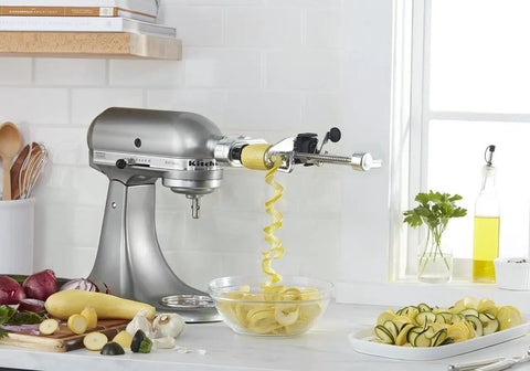 Fruit And Vegetable Spiralizer Attachment For Stand Mixer Power Hub With 5 Quick Change Blades on kitchen counter, spiralizing zucchini