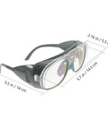 Heavy Duty Pair Of Welding Goggles With Double Layer Plastic Lens Badass Impact Resistant Safety Glasses Lightproof Shop Gear For Daily Grind And Heavy Fabrication Work, side view with dimensions.