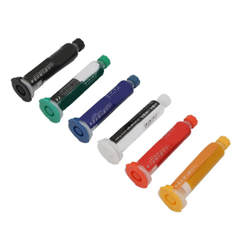 Light Curing Solder Mask Ink For PCB And BGA Repair 6 Pack in assorted colors, tubes aligned for display.
