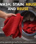 Person holding red towel in front of washing machine with Extra Absorbent 13x17 Inches 12 Pack 100 Percent Cotton Shop Towels Reusable Cleaning Rags For Industrial Garage Auto Home Heavy Duty Towels Built For Tough Jobs visible.