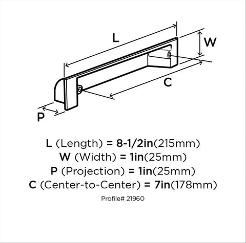 Diagram of Matte Black Cup Pulls 7 Inch Center To Center Cabinet Drawer Pulls 10 Pack Zinc Construction dimensions.