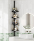 No Sweat Setup 360 Degree Rotating Shower Caddy Tension Pole With Four Tier Rustproof Corner Shelf Adjustable No Drill Bathroom Organizer Rack To Keep Your Daily Toiletries Rock Solid And Clean Black with toiletries and decor.