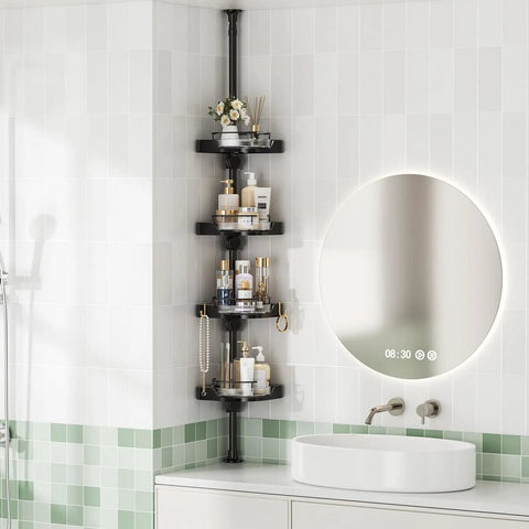No Sweat Setup 360 Degree Rotating Shower Caddy Tension Pole With Four Tier Rustproof Corner Shelf Adjustable No Drill Bathroom Organizer Rack To Keep Your Daily Toiletries Rock Solid And Clean Black with toiletries and decor.