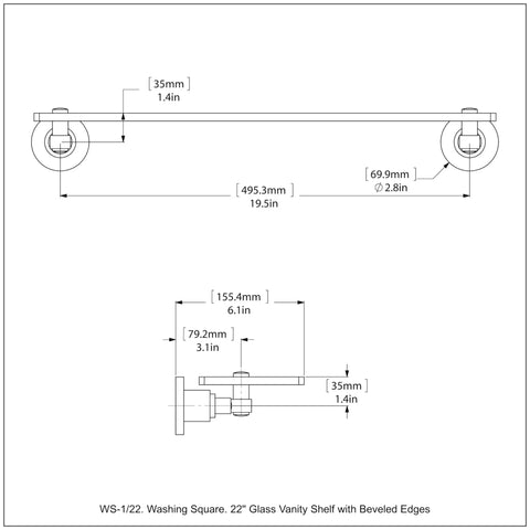 Technical drawing of Washington Square 22 Inch Glass Vanity Shelf With Beveled Edges In Oil Rubbed Bronze, wall mounted dimensions.