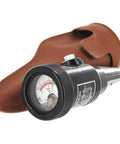 Pocket Size Soil pH And Moisture Tester With Push Button Readouts, shown with brown leather case, suitable for gardening and landscaping.